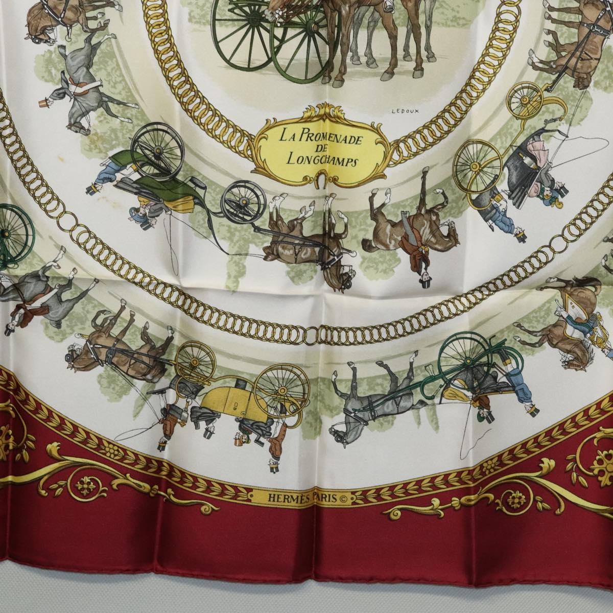 HERMES Carre 90 Scarf LA PROMENADE DE LONGCHAMPS Silk Red White Auth ki5598
