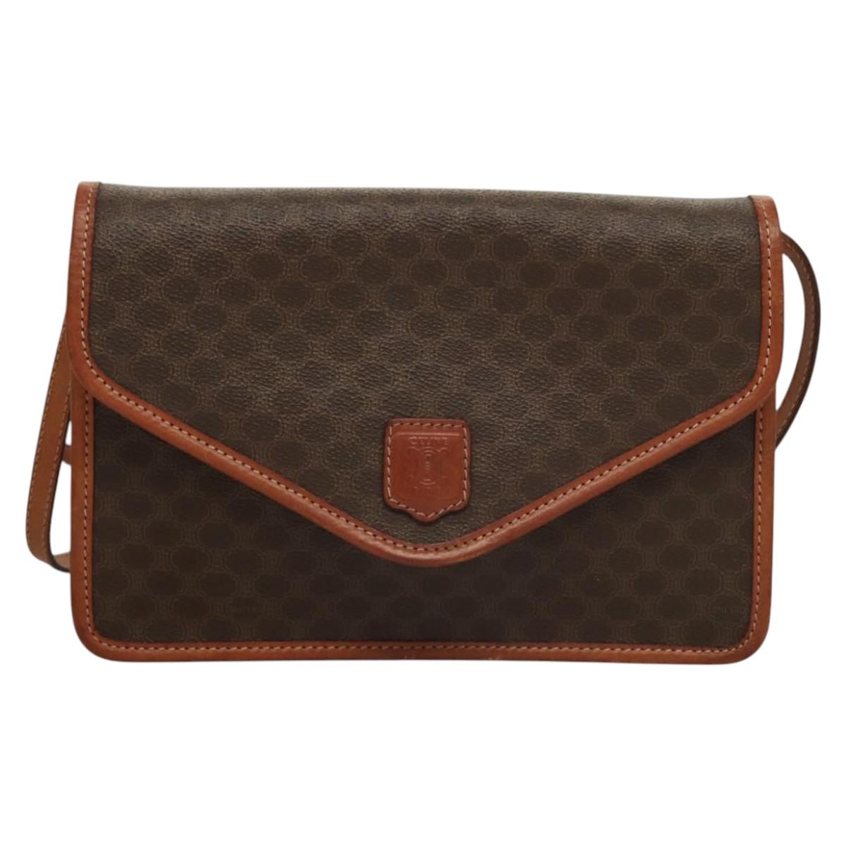 CELINE Macadam Canvas Shoulder Bag PVC Leather Brown Gold Auth ki5627