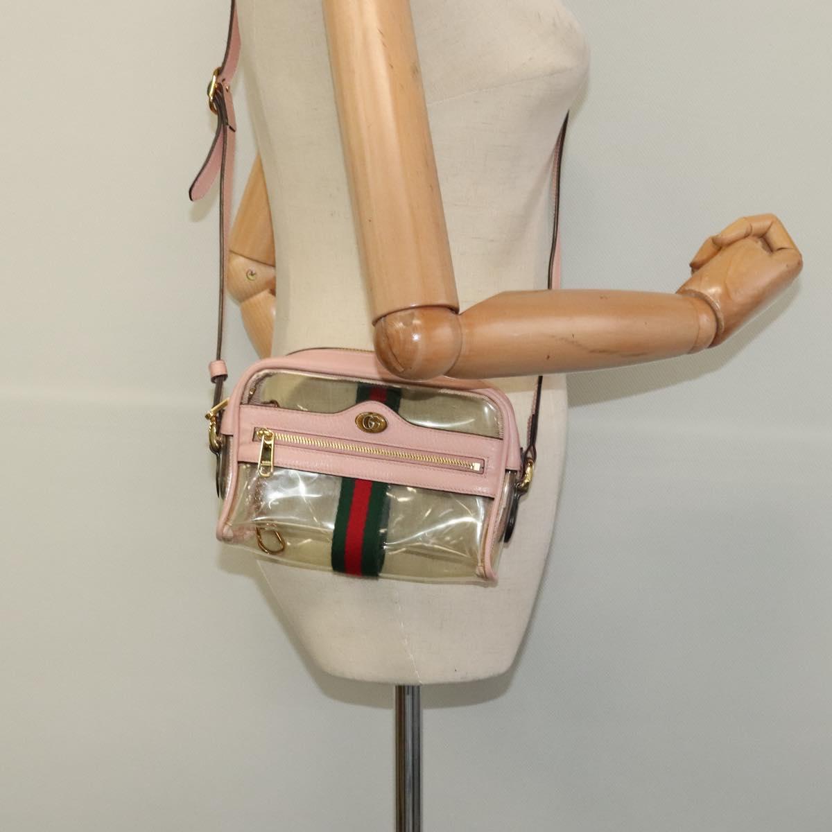 GUCCI Web Sherry Line Shoulder Bag Vinyl Clear Red Green 517350 Auth ki5631AV