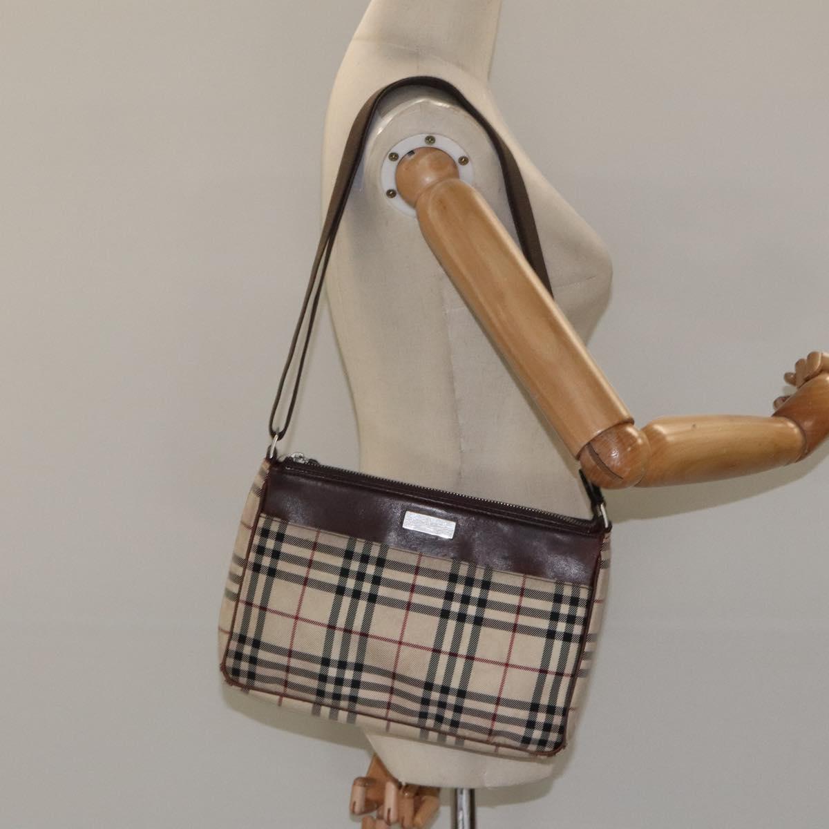 BURBERRY Nova Check Shoulder Bag Nylon Beige Silver Auth ki5644