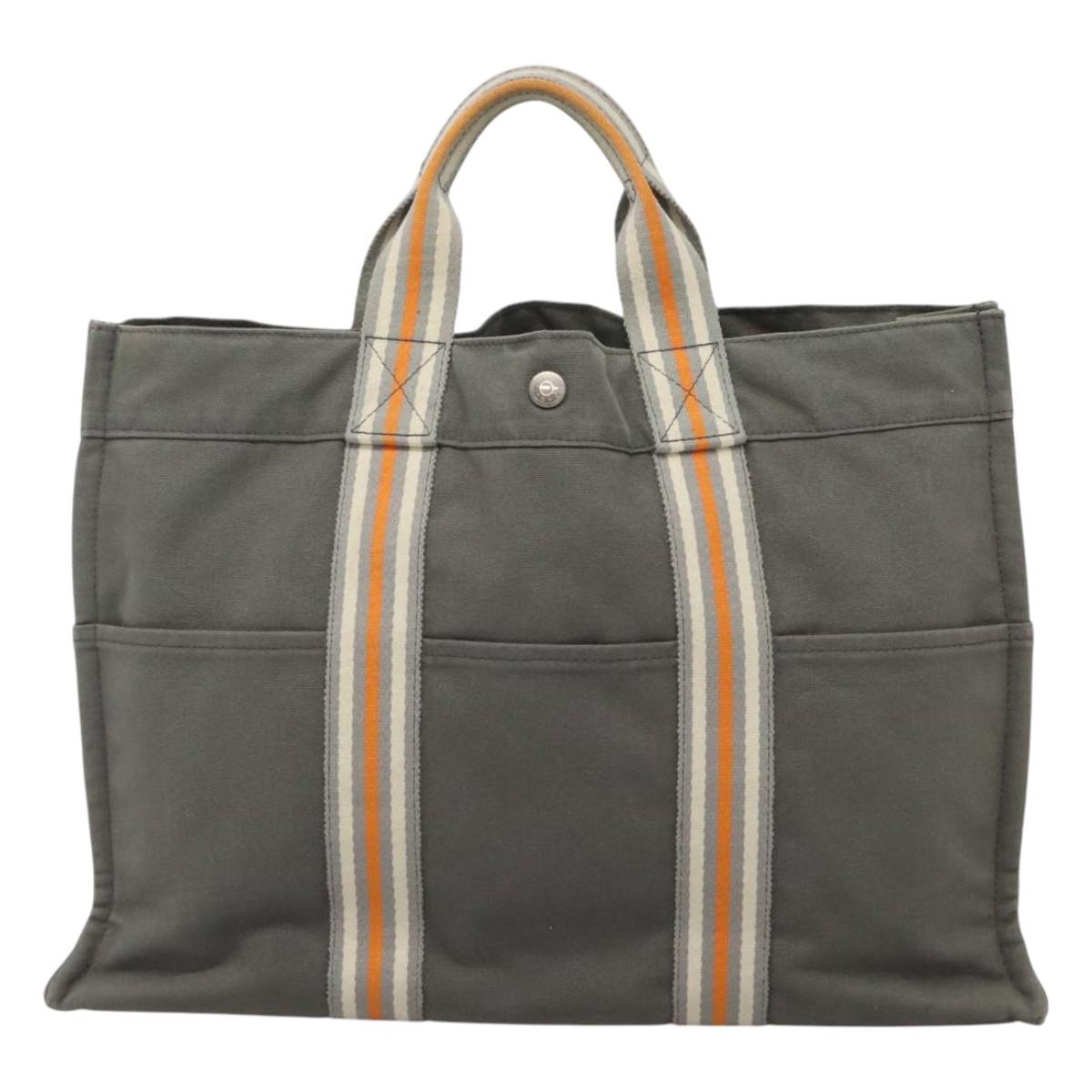 HERMES Fourre Tout MM Hand Bag Canvas Gray Silver Auth ki5652