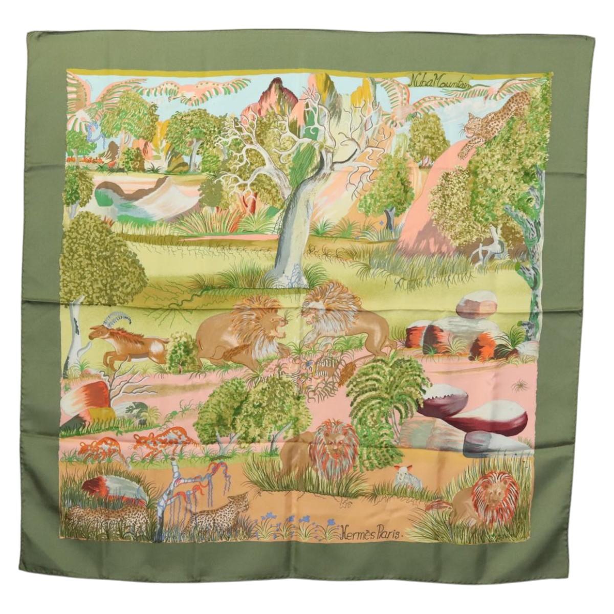 HERMES Carre 90 Scarf Nuba Mountain Silk Green Auth ki5655