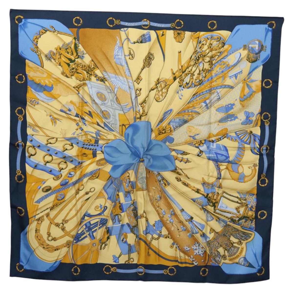 HERMES Carre 90 Scarf Soleil de Soie Silk Navy Yellow Auth ki5656