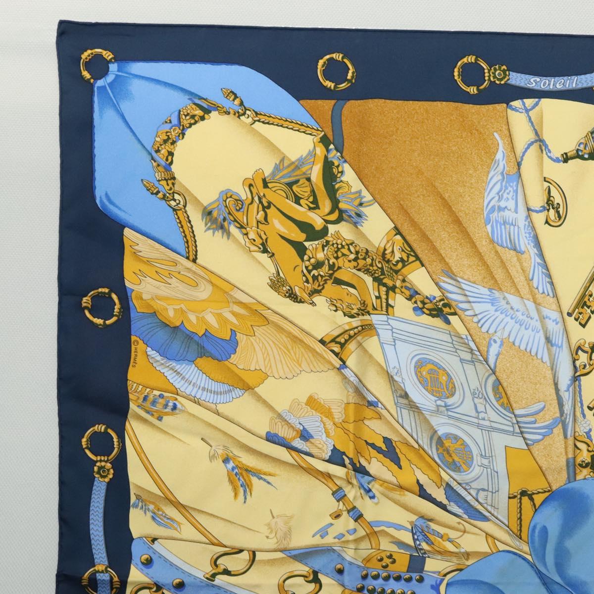 HERMES Carre 90 Scarf Soleil de Soie Silk Navy Yellow Auth ki5656
