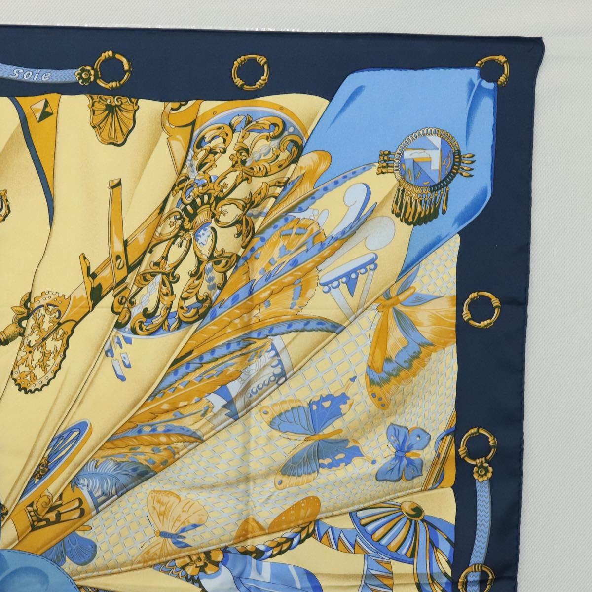 HERMES Carre 90 Scarf Soleil de Soie Silk Navy Yellow Auth ki5656