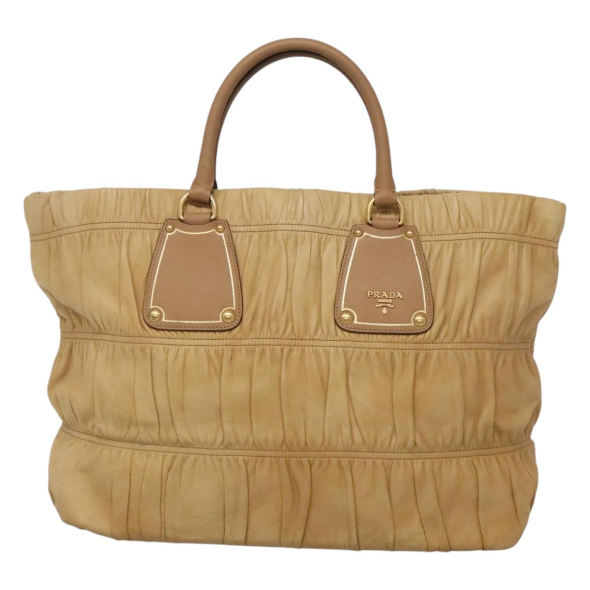 PRADA Gathered Tote Bag Leather Beige Gold Auth ki5670