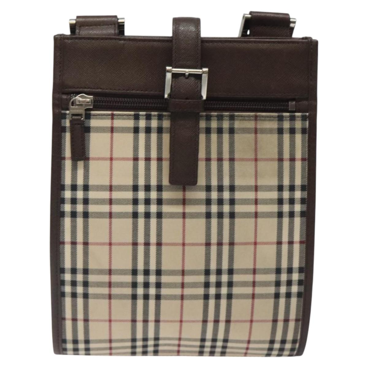 BURBERRY Nova Check Shoulder Bag Canvas Beige Brown Silver Auth ki5712