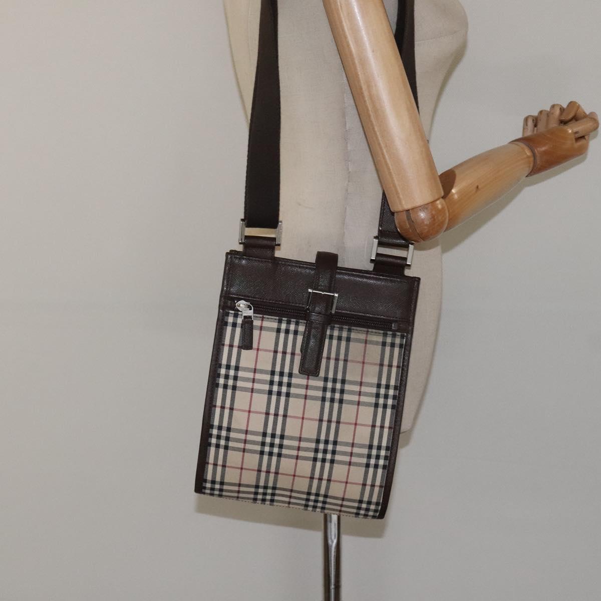 BURBERRY Nova Check Shoulder Bag Canvas Beige Brown Silver Auth ki5712
