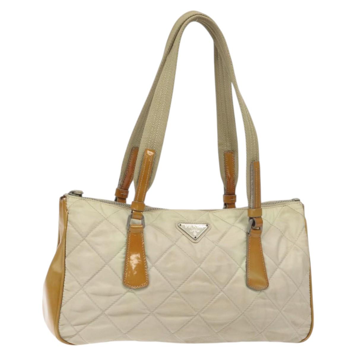 PRADA Quilted Hand Bag Nylon Beige Silver Auth ki5791