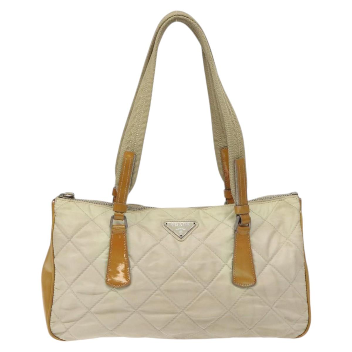 PRADA Quilted Hand Bag Nylon Beige Silver Auth ki5791