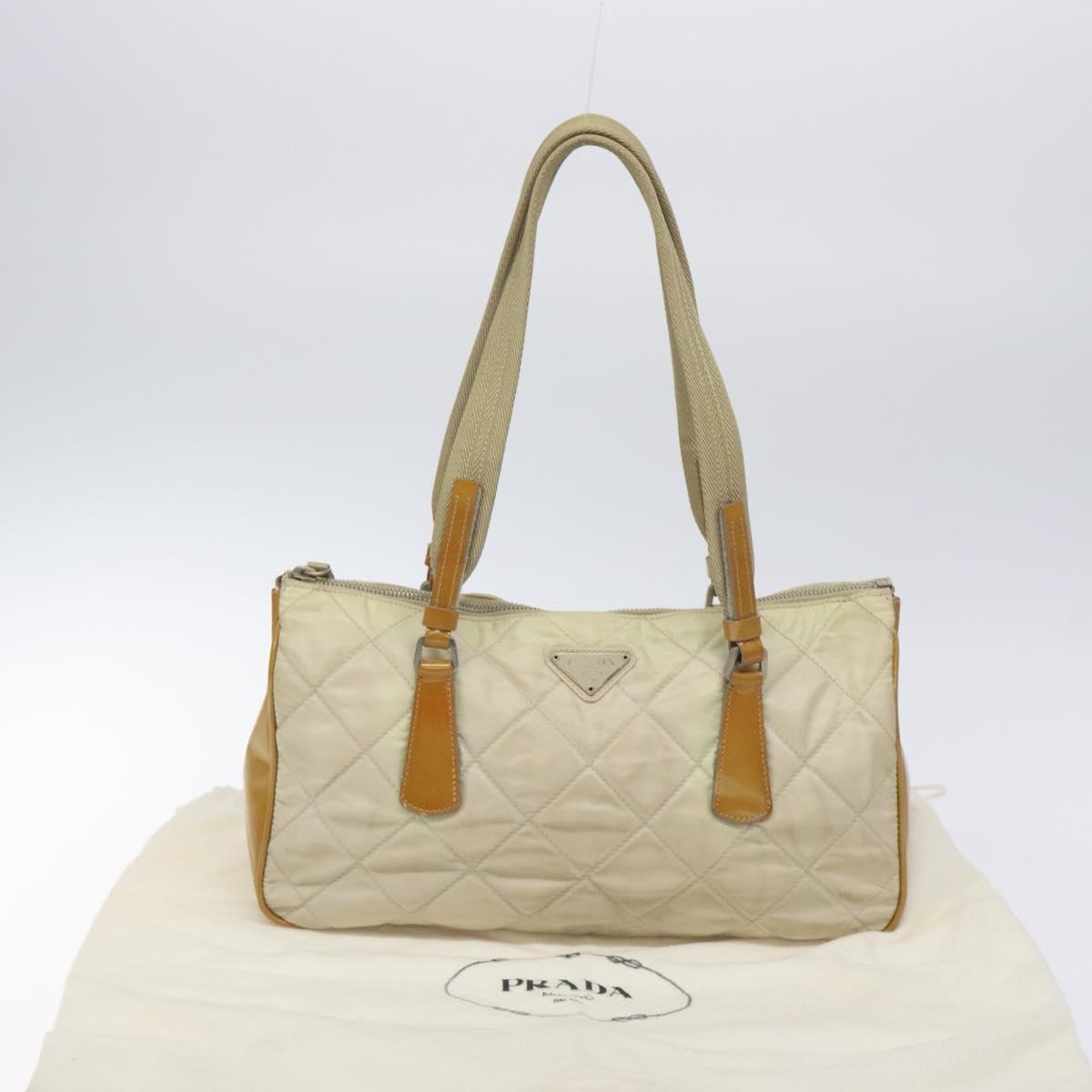 PRADA Quilted Hand Bag Nylon Beige Silver Auth ki5791
