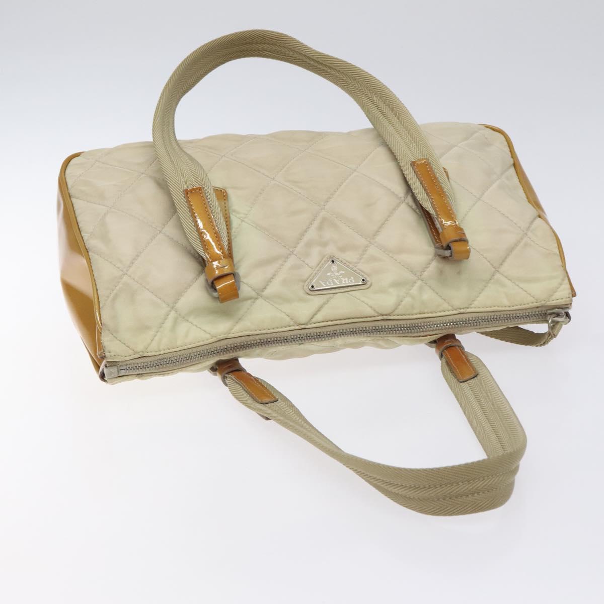 PRADA Quilted Hand Bag Nylon Beige Silver Auth ki5791