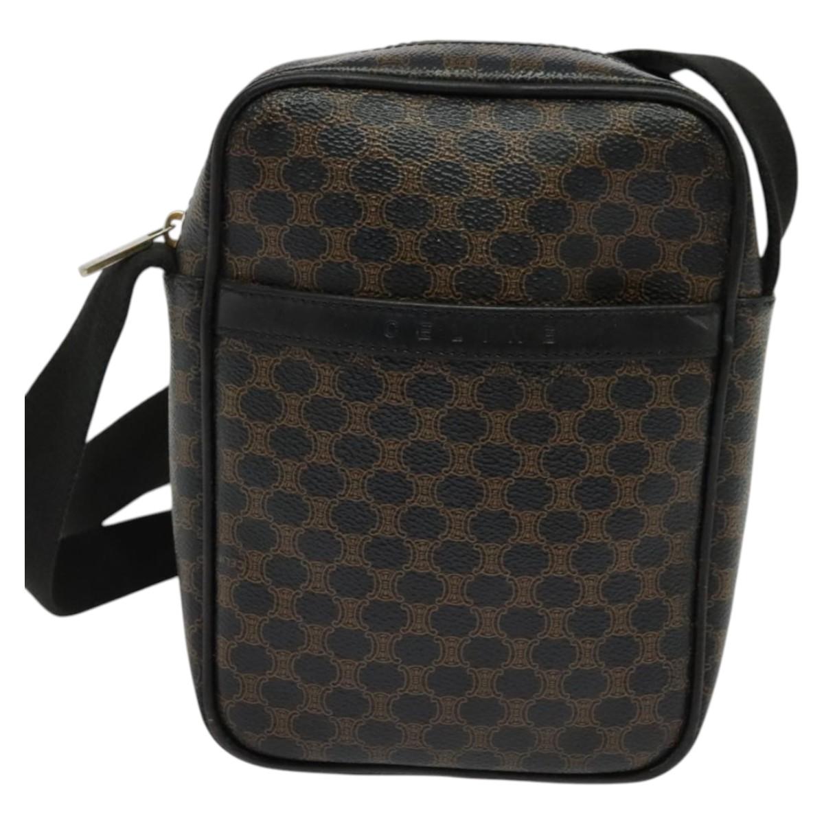 CELINE Macadam Canvas Shoulder Bag PVC Leather Black Gold Auth ki5807