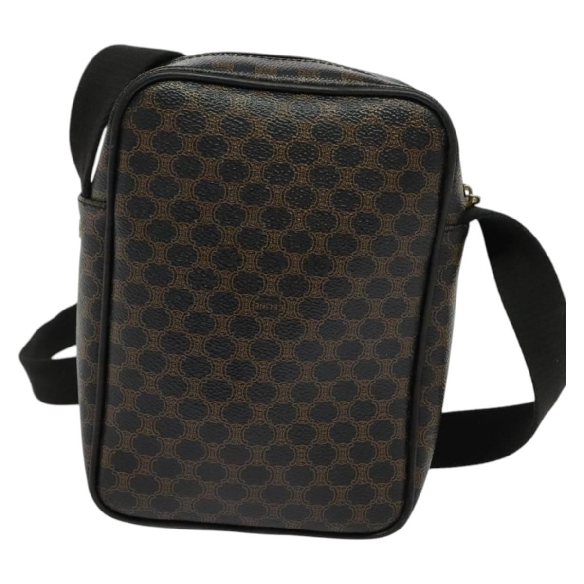 CELINE Macadam Canvas Shoulder Bag PVC Leather Black Gold Auth ki5807