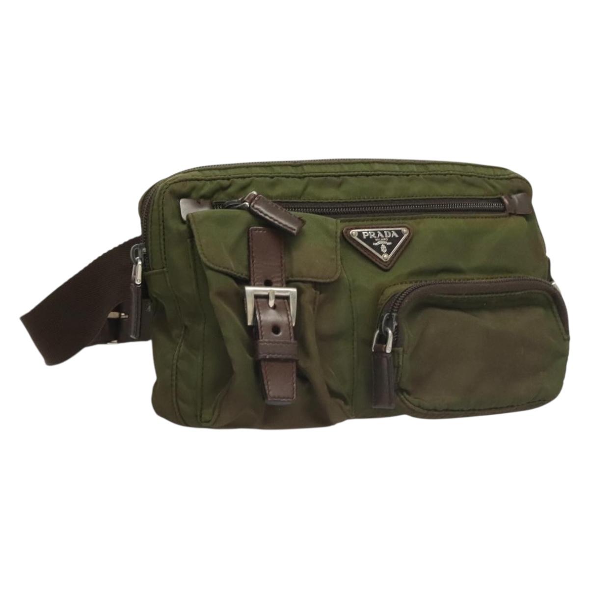 PRADA Waist bag Nylon Khaki Silver Auth ki5828
