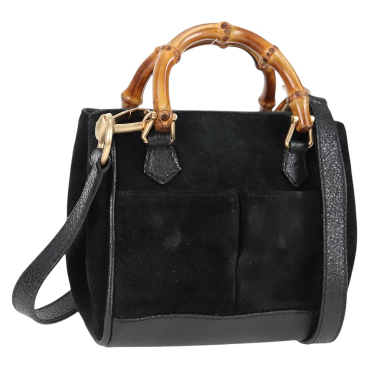 GUCCI Bamboo Hand Bag Suede 2way Black Gold 007 1793 0238 Auth ki5837