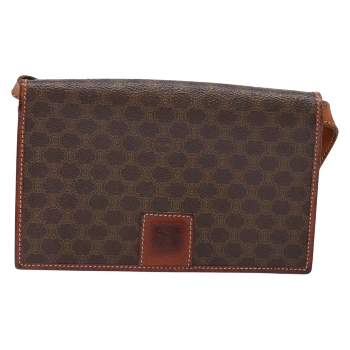 CELINE Macadam Canvas Shoulder Bag PVC Leather Brown Gold Auth ki5877