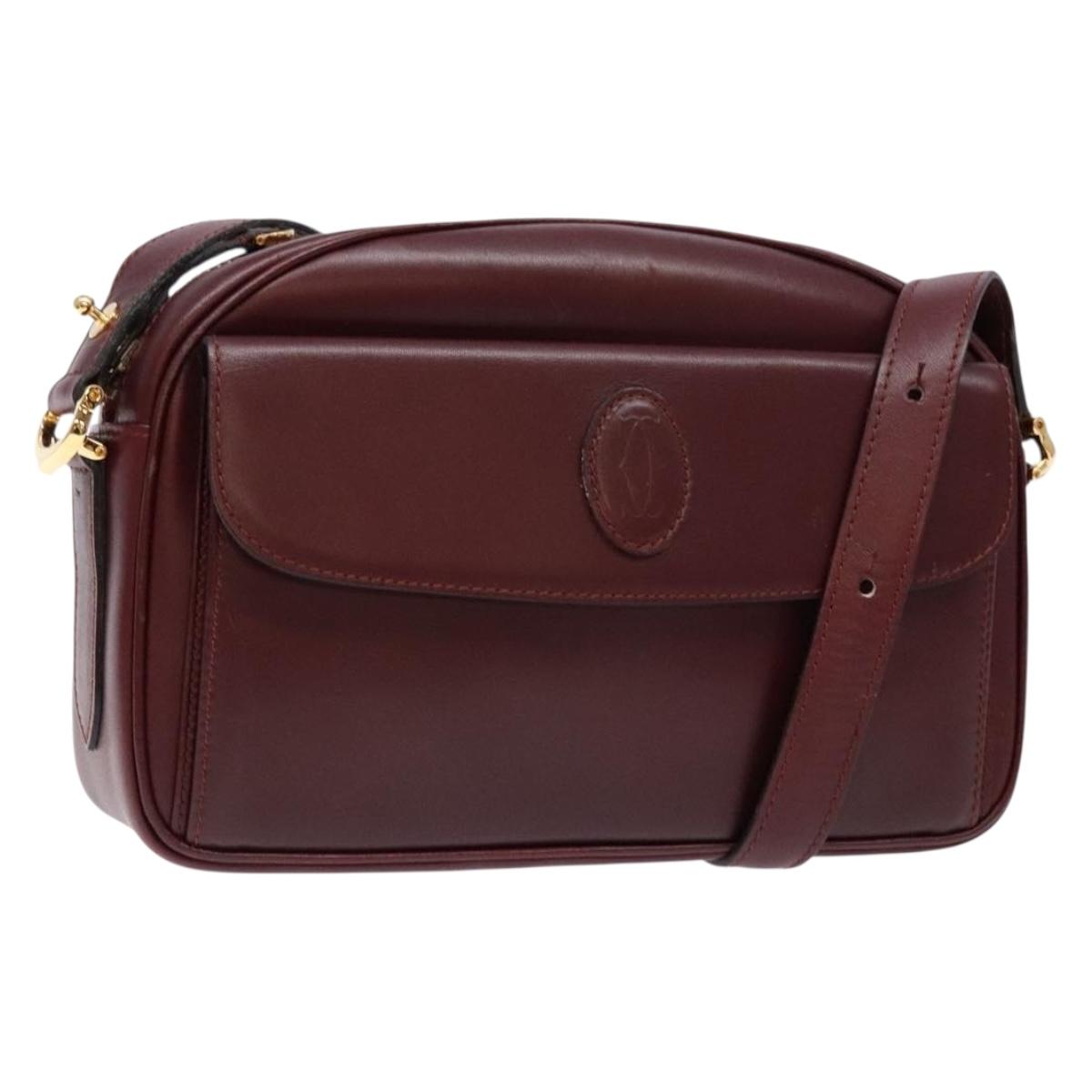 CARTIER Shoulder Bag Leather Bordeaux Gold Auth ki5879