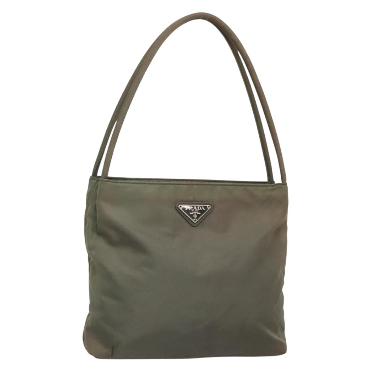 PRADA Tote Bag Nylon Khaki Silver Auth ki5894