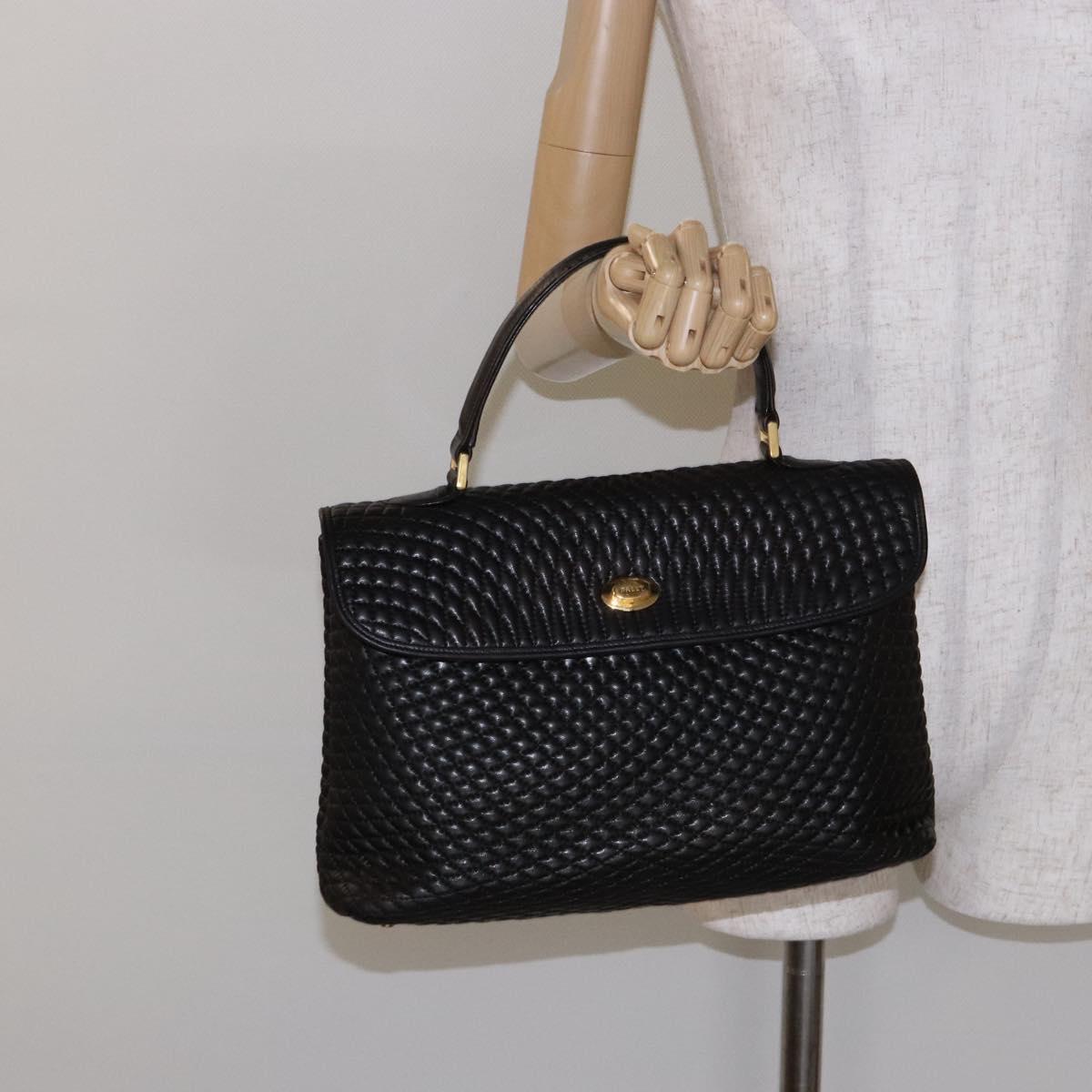 BALLY Matelasse Hand Bag Leather Black Gold Auth ki5898