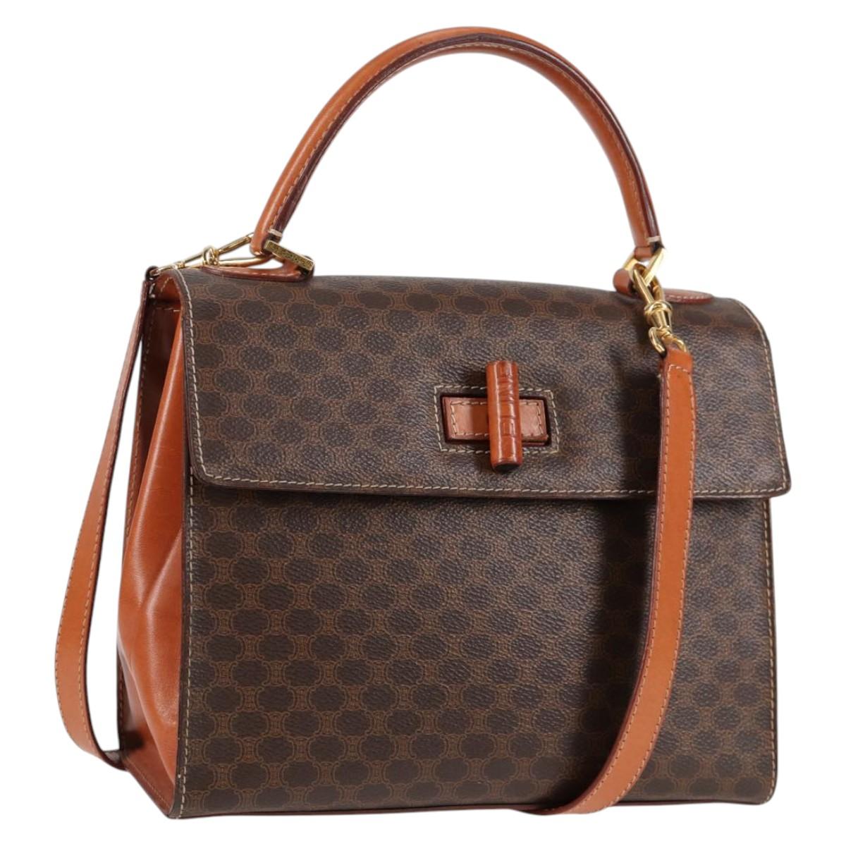 CELINE Macadam Canvas Hand Bag PVC Leather 2way Brown Gold Auth ki5899