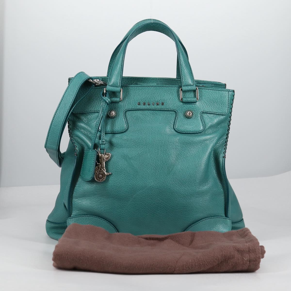 CELINE Hand Bag Leather 2way Turquoise Blue Silver Auth ki5907V