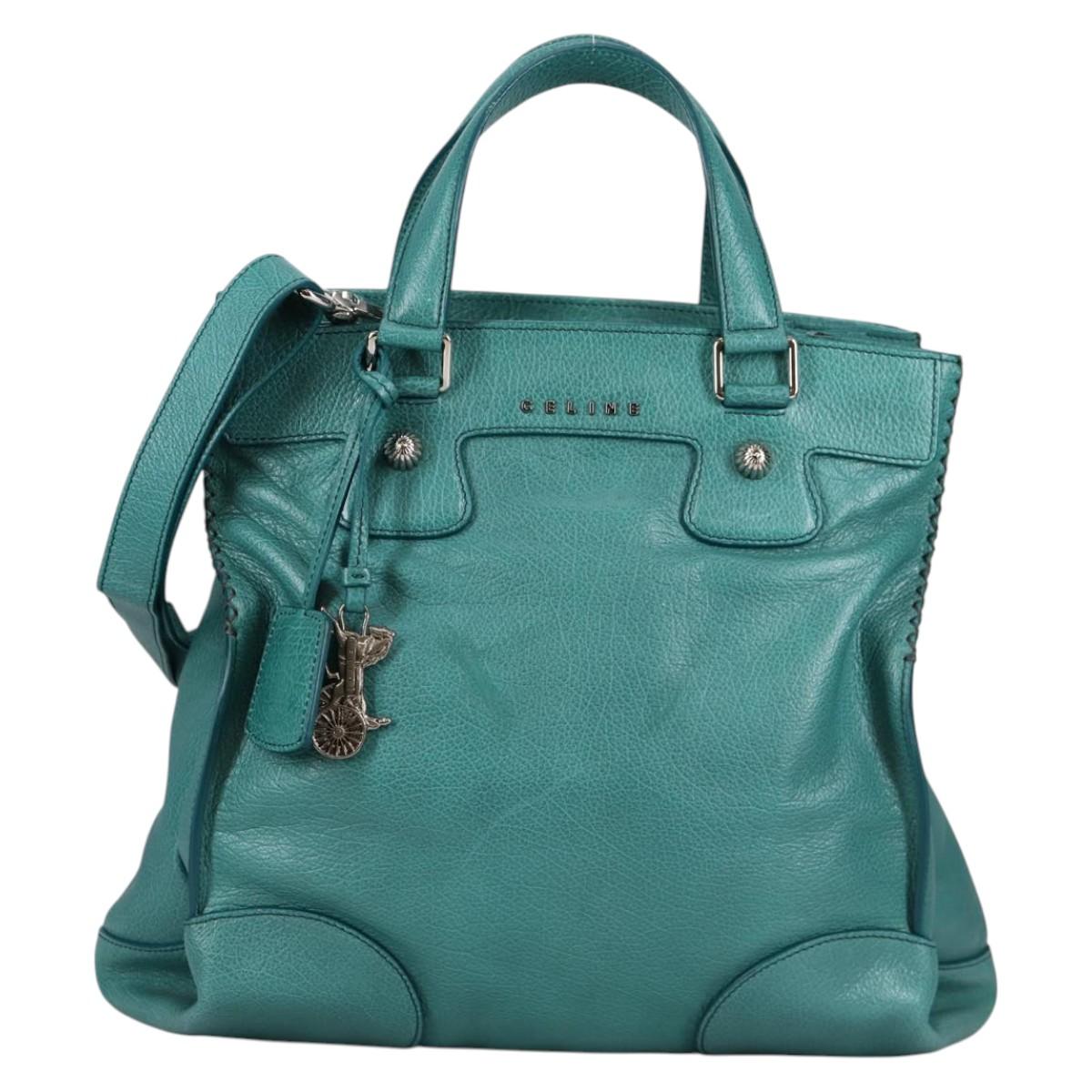 CELINE Hand Bag Leather 2way Turquoise Blue Silver Auth ki5907V
