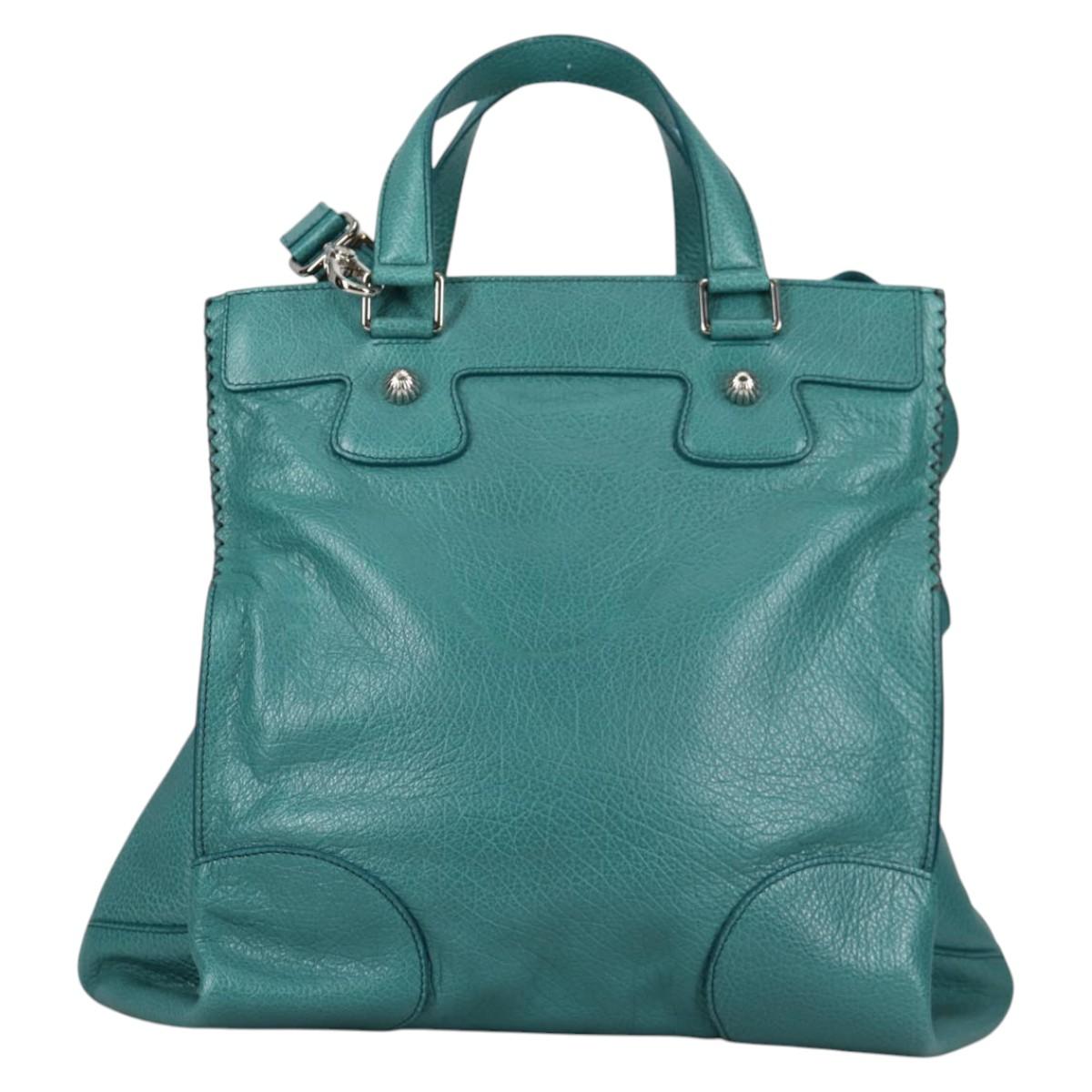 CELINE Hand Bag Leather 2way Turquoise Blue Silver Auth ki5907V