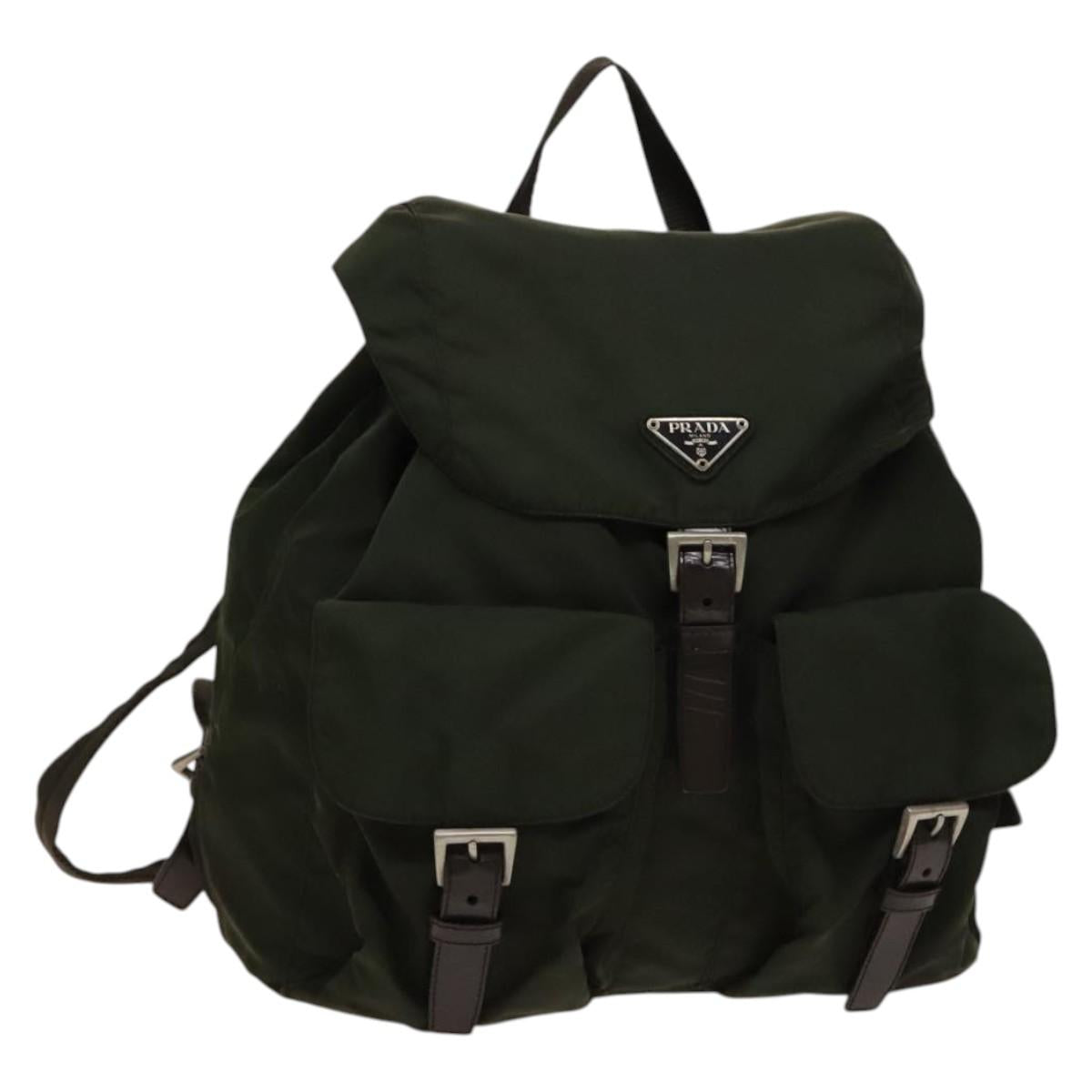 PRADA Backpack Nylon Khaki Silver Auth ki5908