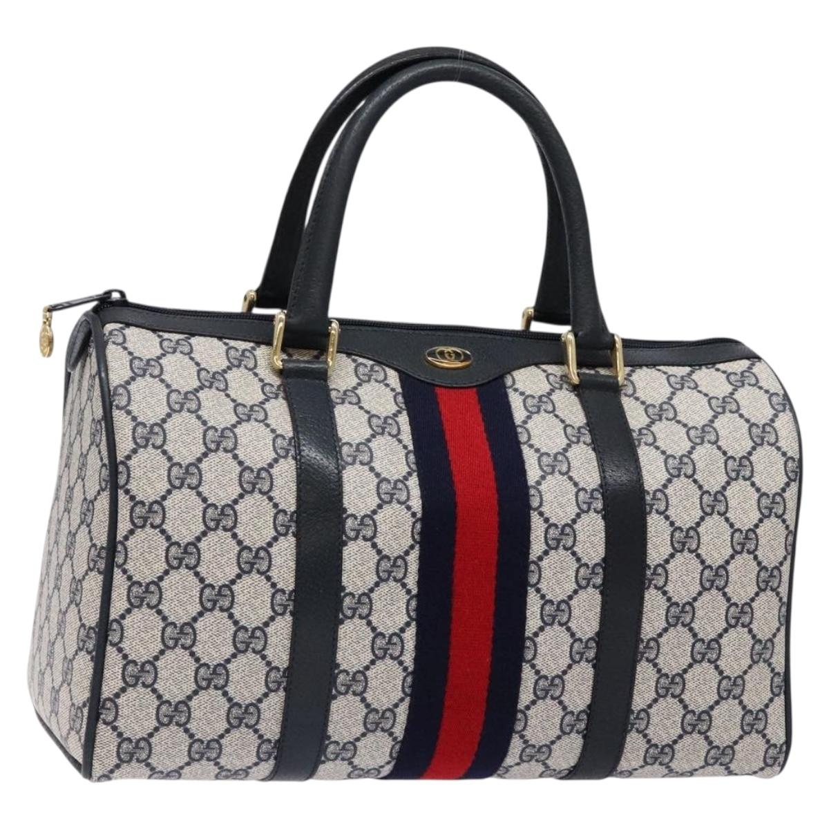 GUCCI GG Supreme Sherry Line Boston Bag PVC Navy Gold Auth ki5935