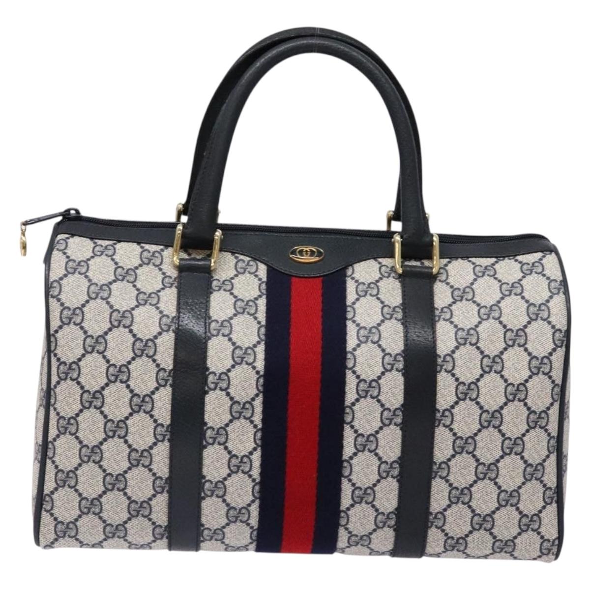 GUCCI GG Supreme Sherry Line Boston Bag PVC Navy Gold Auth ki5935