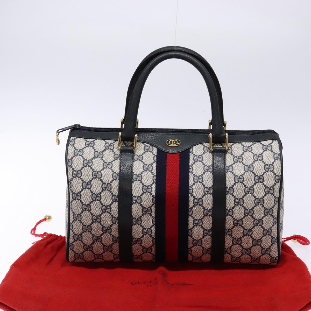 GUCCI GG Supreme Sherry Line Boston Bag PVC Navy Gold Auth ki5935