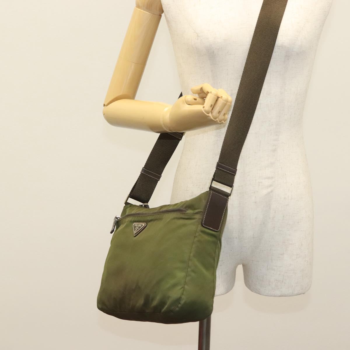 PRADA Shoulder Bag Nylon Khaki Silver Auth ki5956