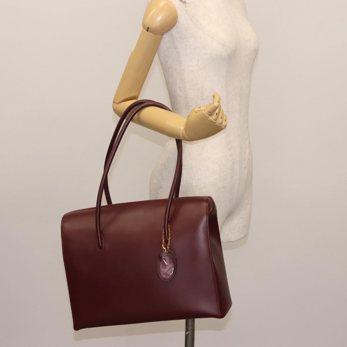 CARTIER Hand Bag Leather Bordeaux Auth ki6008
