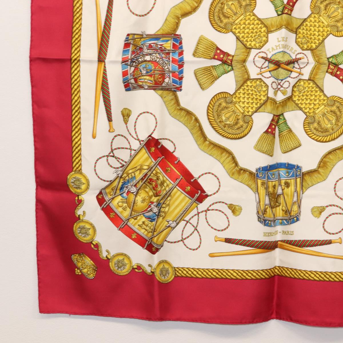 HERMES Carre 90 Scarf LES TAMBOURS Silk Red Auth ki6050