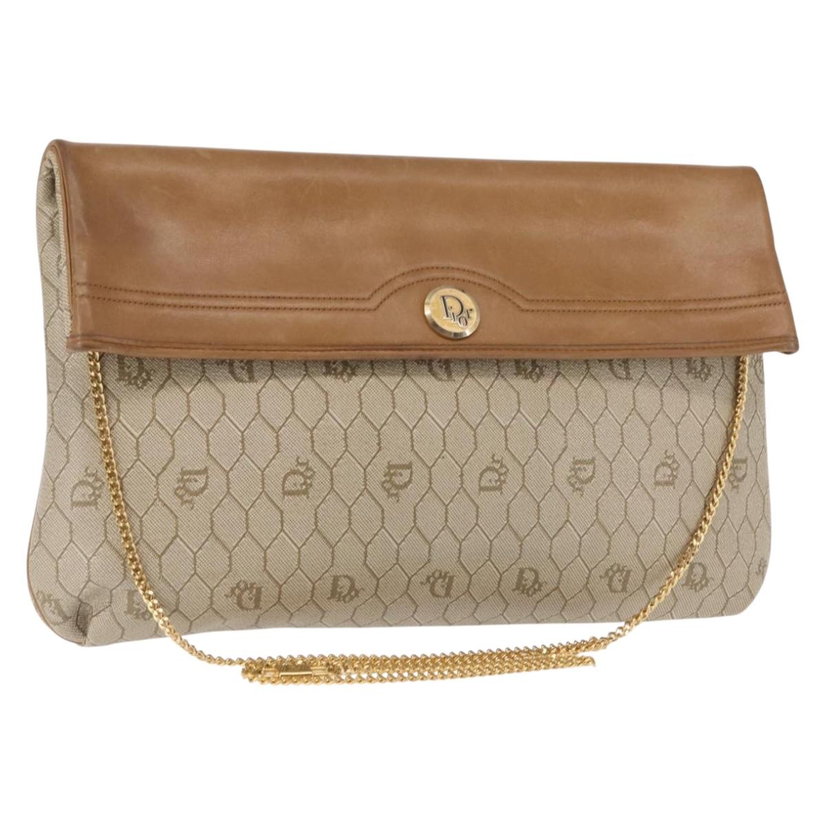 Christian Dior Honeycomb Canvas Chain Shoulder Bag PVC Leather Beige Auth ki6055