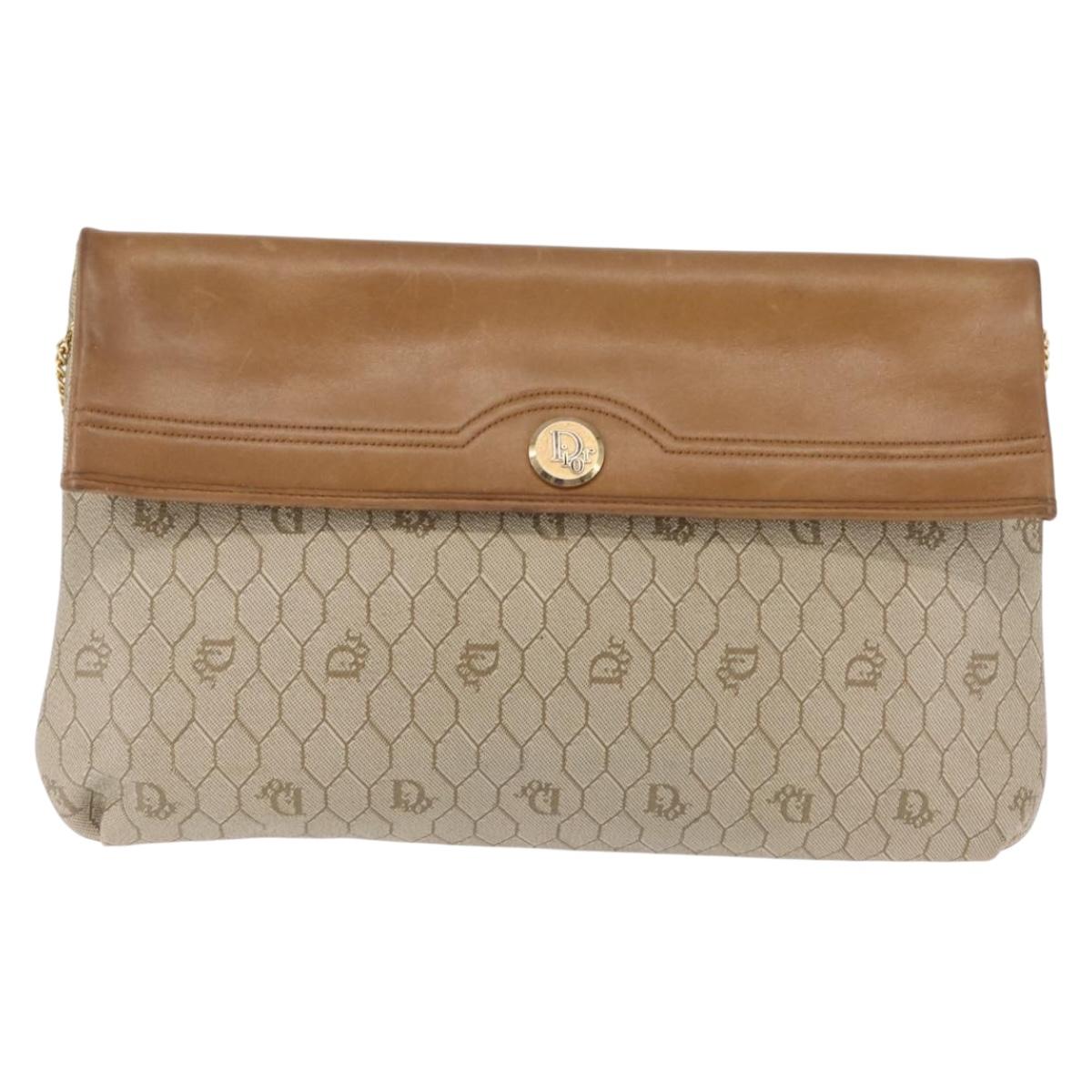 Christian Dior Honeycomb Canvas Chain Shoulder Bag PVC Leather Beige Auth ki6055