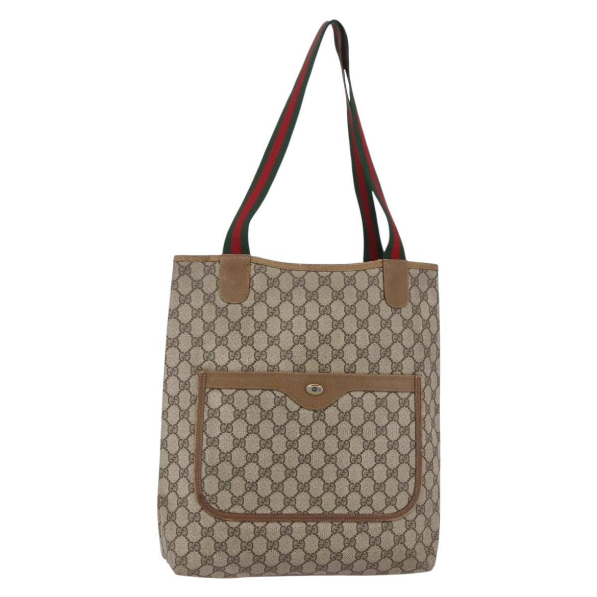 GUCCI GG Supreme Web Sherry Line Tote Bag PVC Leather Beige Red Auth ki6059