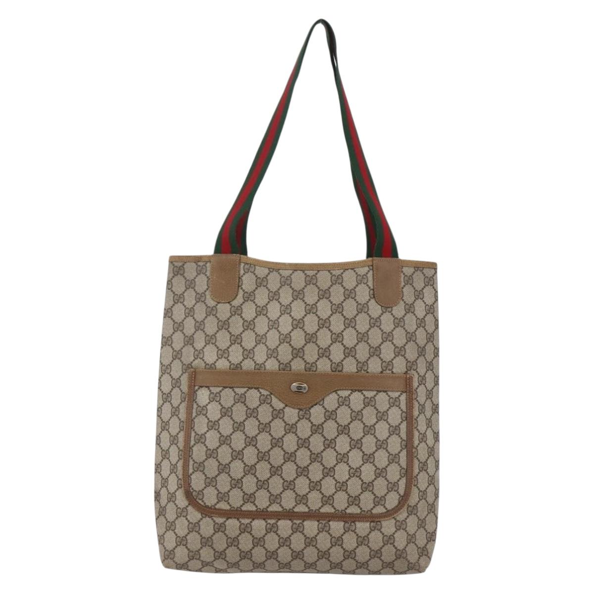 GUCCI GG Supreme Web Sherry Line Tote Bag PVC Leather Beige Red Auth ki6059