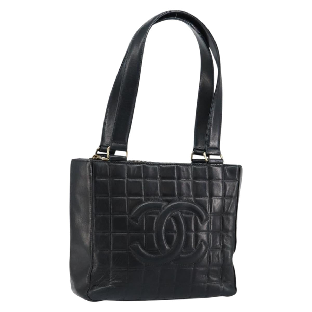 CHANEL Choco Bar COCO Mark Tote Bag Lamb Skin Black CC Auth ki6083