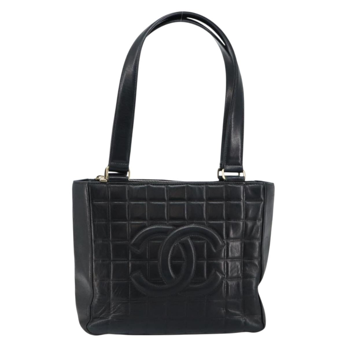 CHANEL Choco Bar COCO Mark Tote Bag Lamb Skin Black CC Auth ki6083