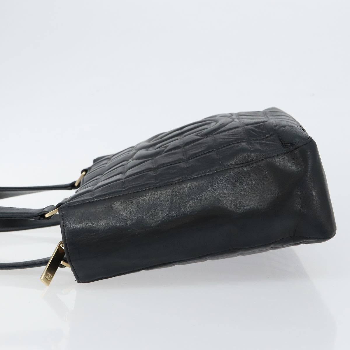 CHANEL Choco Bar COCO Mark Tote Bag Lamb Skin Black CC Auth ki6083