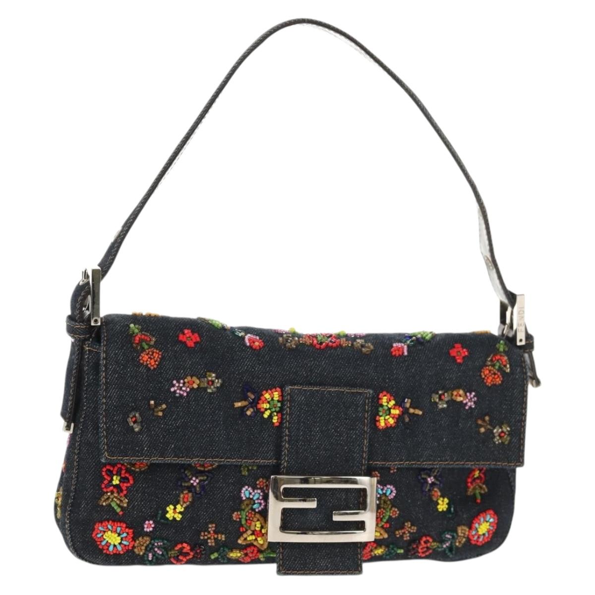 FENDI Mamma Baguette beads Shoulder Bag Denim Navy Auth ki6105V