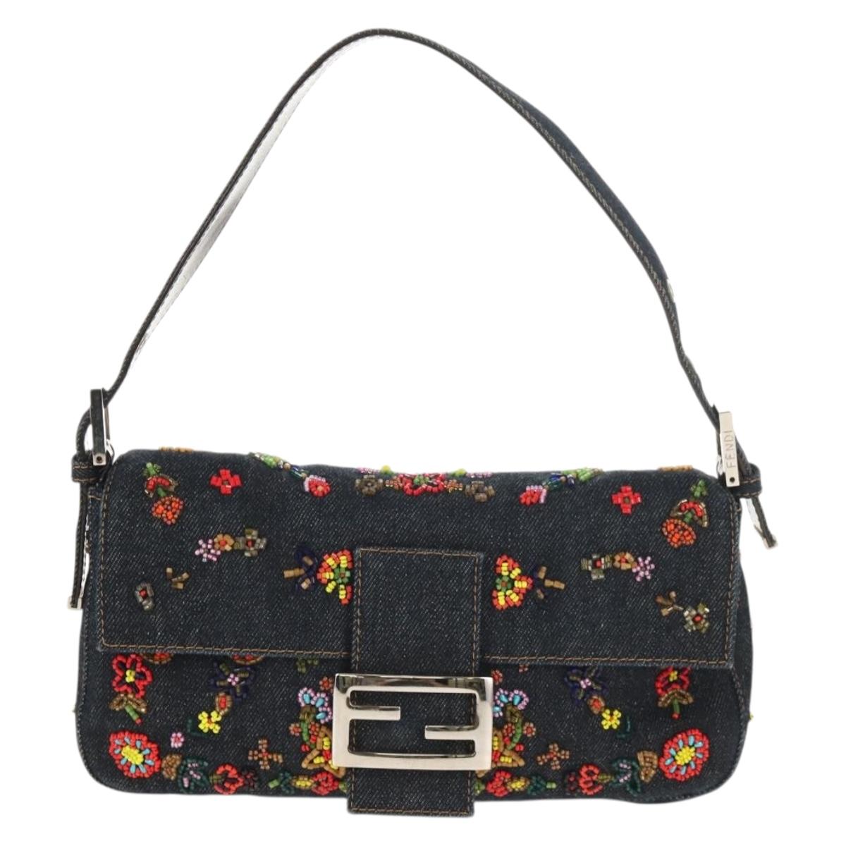 FENDI Mamma Baguette beads Shoulder Bag Denim Navy Auth ki6105V