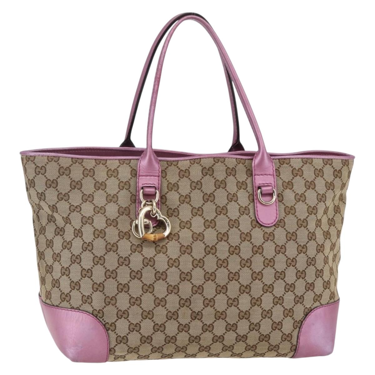 GUCCI GG Canvas Bamboo heart Tote Bag Beige Pink Auth ki6107