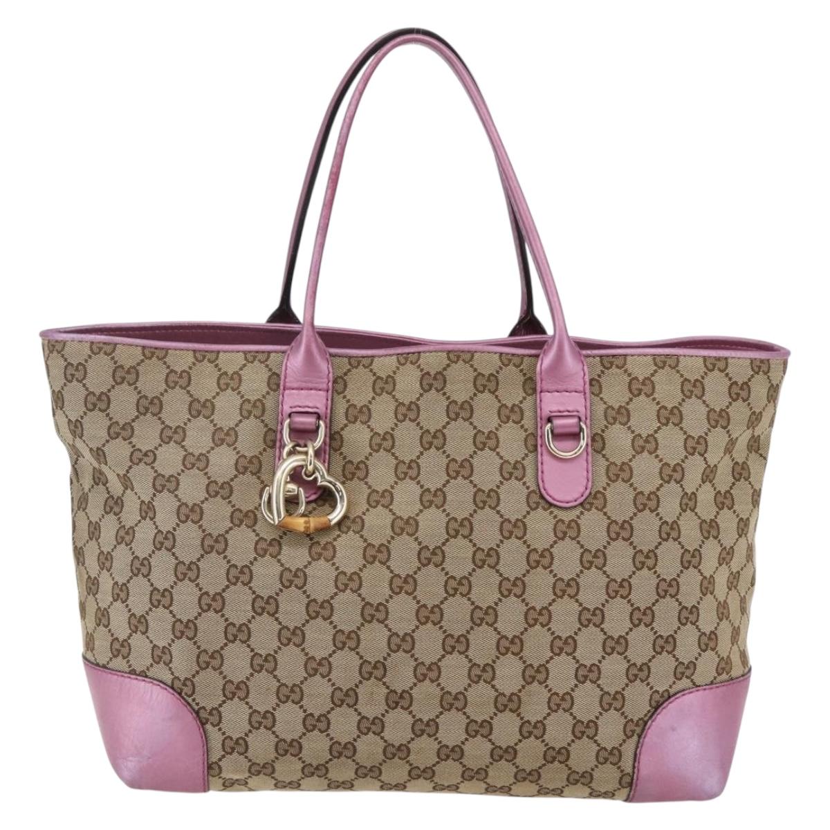 GUCCI GG Canvas Bamboo heart Tote Bag Beige Pink Auth ki6107