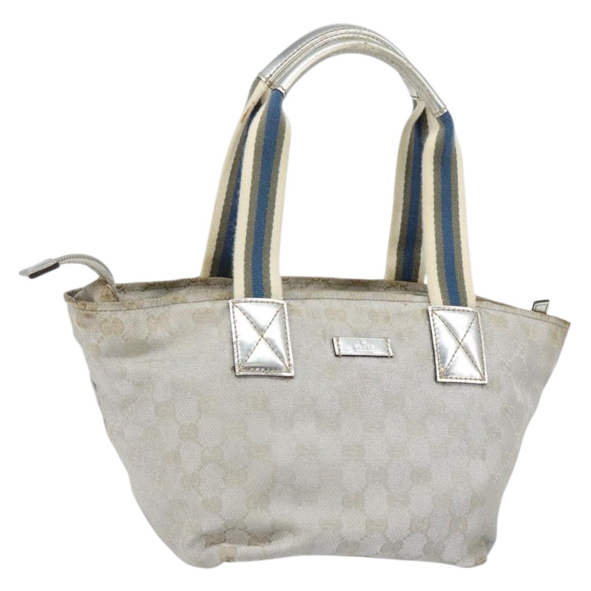 GUCCI GG Canvas Sherry Line Tote Bag Silver Blue khaki Auth ki6110