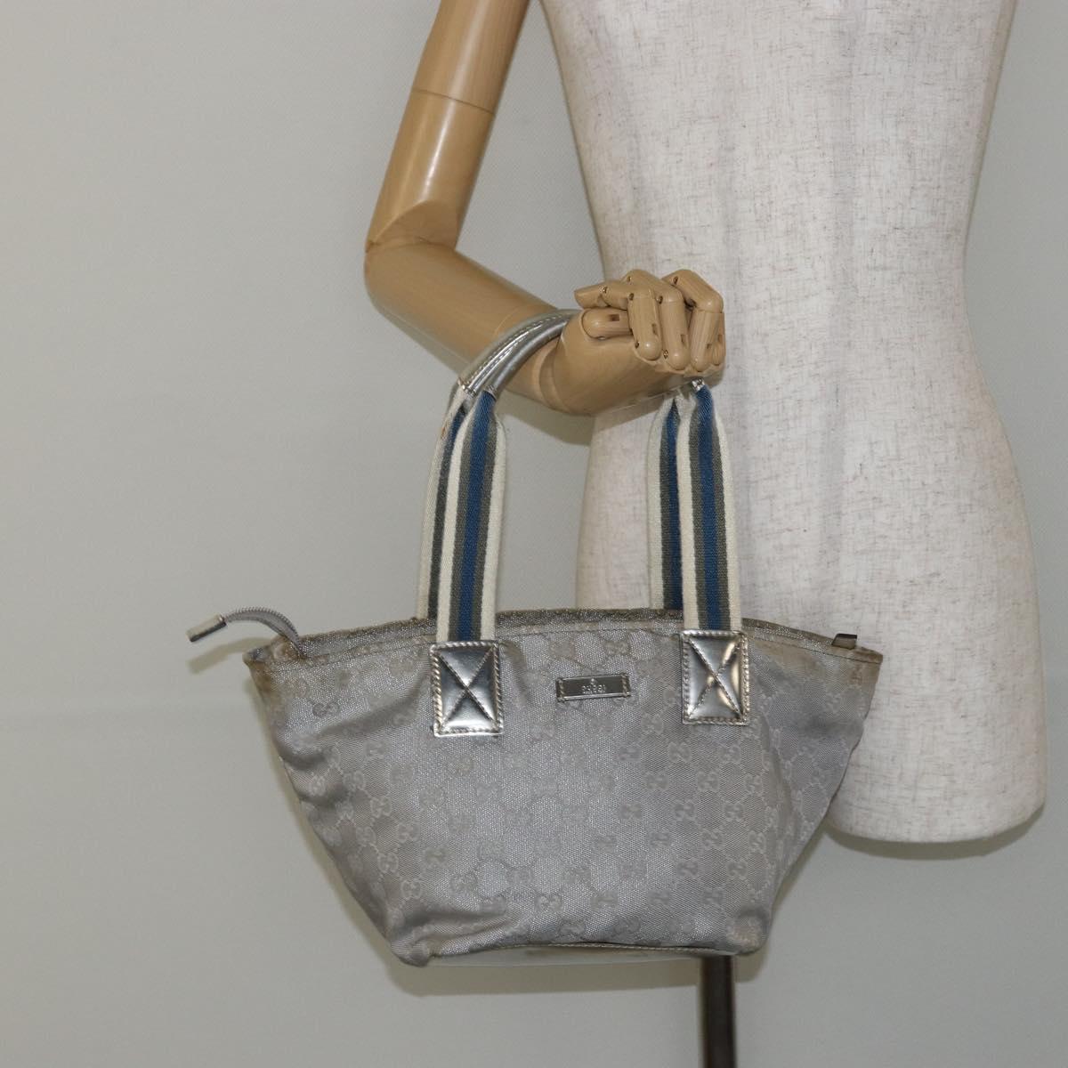 GUCCI GG Canvas Sherry Line Tote Bag Silver Blue khaki Auth ki6110
