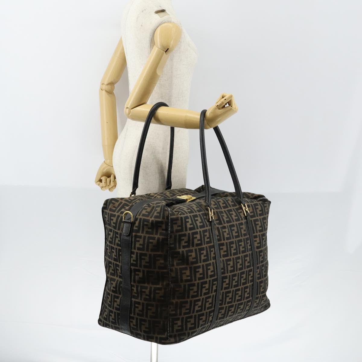 FENDI Zucca Canvas Boston Bag Black Brown gold Auth ki6142