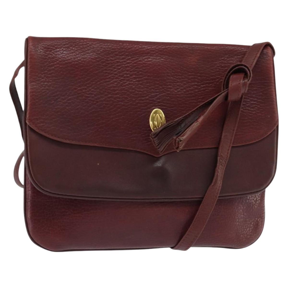 CARTIER Must Line Shoulder Bag Leather Bordeaux Gold Auth ki6147